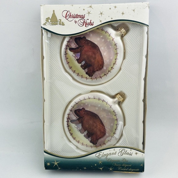 Christmas by Krebs Lakeside Lodge Bear Ornament Box of 2 Disc Glass Leslie Blake - Picture 1 of 7